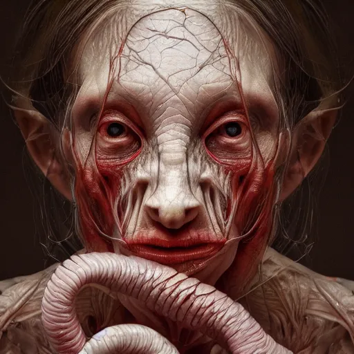 Image similar to female Human with translucent skin, visible muscles and veins and arteries and bones and spine and nerves, beautiful detailed intricate insanely detailed octane render, dark intricate filaments, 8K artistic photography, photorealistic, chiaroscuro, by David Cronenberg, Raphael, Caravaggio