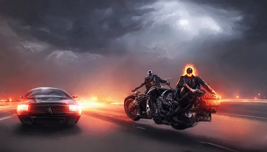 Prompt: Ghost Rider riding on the highway during a thunderstorm, hyperdetailed, artstation, cgsociety, 8k
