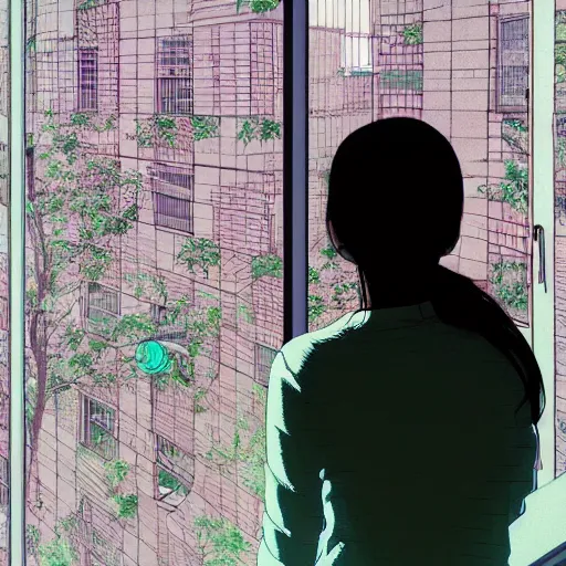 Prompt: a girl looking out of a window by inio asano, beeple and james jean, aya takano color style, 4 k, super detailed, modern, 4 k, symmetrical