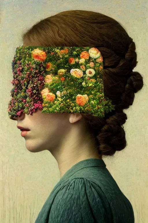 Prompt: a womans face in profile, made of flowers and leaves, in the style of the dutch masters and gregory crewdson, impressive, dark, ethereal, dramatic, epic, a masterpiece, fine art with subtle redshift rendering, by rene magritte, surrealism, inside a tesseract