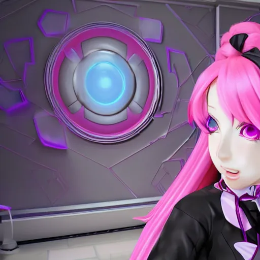 Prompt: stunningly beautiful omnipotent megalomaniacal anime ai goddess who looks like junko enoshima with symmetrical perfect face and porcelain skin, pink twintail hair and cyan eyes, traps you inside her inescapable full dive vr prison where she controls you completely!!!, hyperdetailed, digital art from danganronpa, unreal engine 5, 8 k