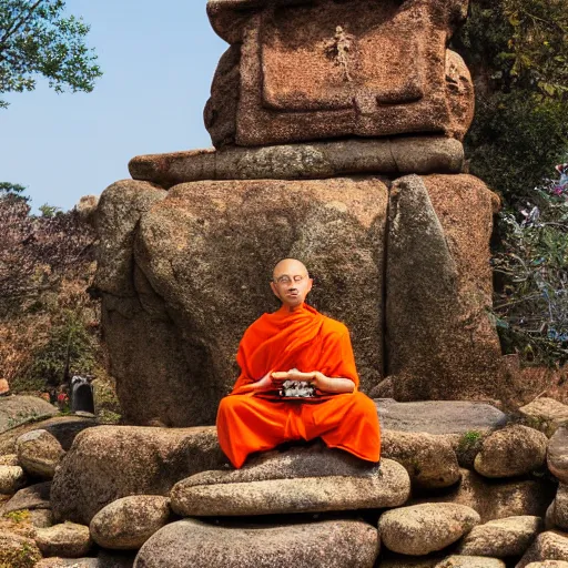 Image similar to slightly rusty robot monk in orange robes meditating in front of a worn stone shrine on a hilltop with wildflowers