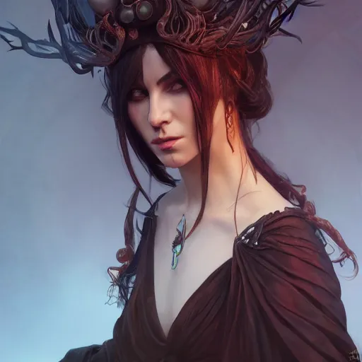 Prompt: Dark witch, highly detailed, digital painting, artstation, concept art, smooth, sharp focus, illustration, Unreal Engine 5, 8K, art by artgerm and greg rutkowski and alphonse mucha