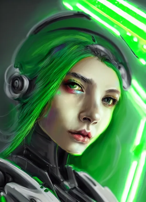 Image similar to detailed portrait of perfect neon green haired girl, android, warframe armor, beautiful, pretty face, yellow cyborg eyes, innocent, scifi, 4 k, sun yunjoo, ultra realistic, aura of light, cinematic lighting, highly detailed, sharp focus, artstation, masterpiece, art by hyungjin yang