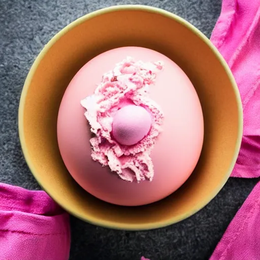Prompt: pink ice cream hatching out of an egg, professional photo