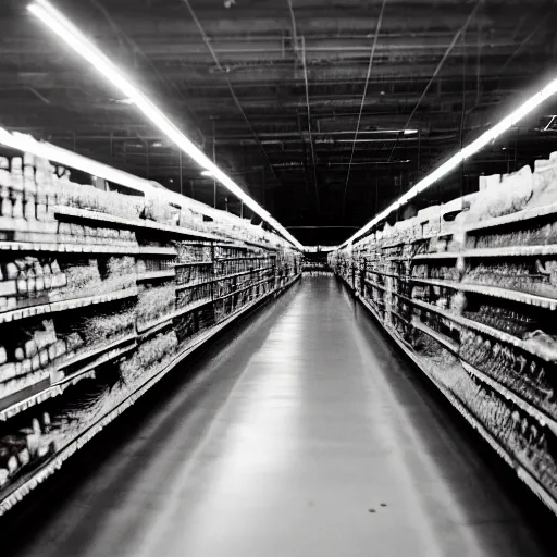 Prompt: empty grocery aisles, ransacked, vines coming down from the ceiling, dramatic lighting. Dystopian. End of the world. Depth of field. Film grain. Documentary photo. Sigma 40mm f/1.4 DG HSM