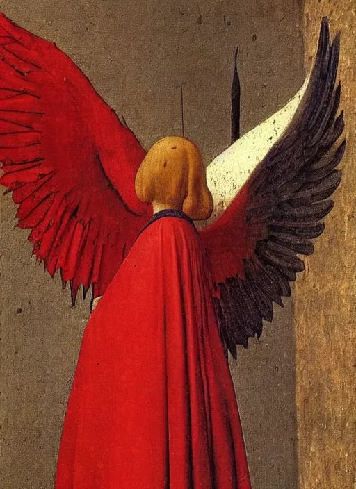 Image similar to Flying Fallen Angel with wings dressed in red, Medieval painting by Jan van Eyck, Johannes Vermeer, Florence