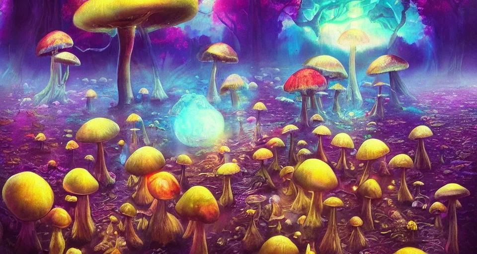 Image similar to a beautiful painting of trippy mushrooms by Tokio Aoyama, Mario Martinez, David Normal. photorealistic, trending on artstation, dramatic lighting, 8K, fantasy beautiful, surreal, cinematic.