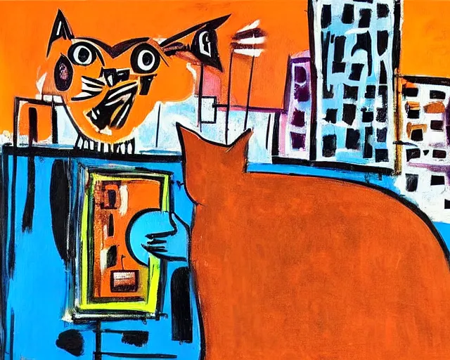 Prompt: painting of a an orange cat with the city behind it by graham sutherland, basquiat, neo - expressionism, muted colors!!!