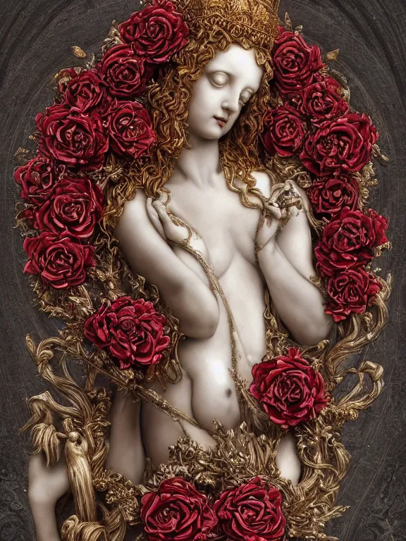 Image similar to a beautiful render of catholic rococo roses veiled red queen sculpture with symmetry intricate detailed,by Edward Burne-Jones and Lawrence Alma-Tadema and aaron horkey and NekroXIII and Billelis and peter gric,Trending on artstation,ZBrush,maximalist,glittering,gold,silver,ivory,hyperreal,golden ratio,cinematic lighting