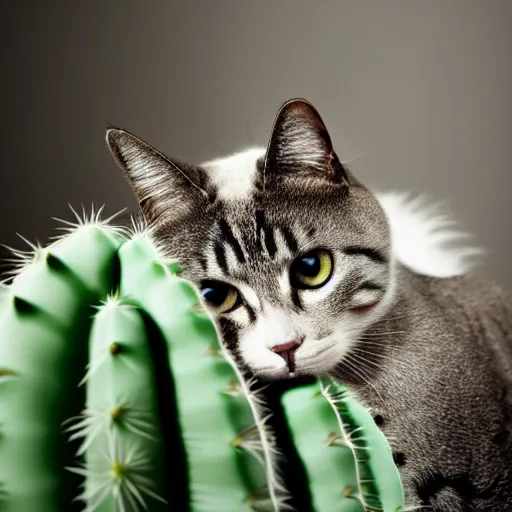 Prompt: A photograph of a cat licking a cactus, close view, studio lighting, DSLR, bokeh