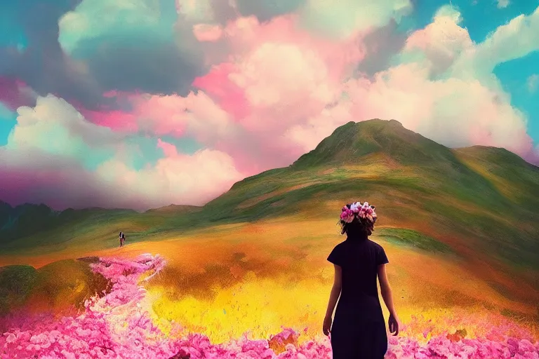 Prompt: giant dahlia flower crown head, girl walking on mountain, surreal photography, pink storm clouds, dramatic light, impressionist painting, digital painting, artstation, simon stalenhag