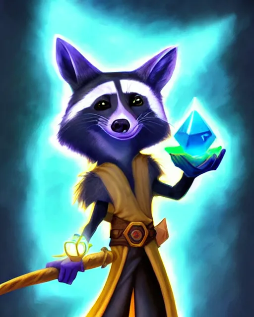 Prompt: highly detailed digital illustration portrait of sorcerer sly cooper raccoon holding a magical glowing gemstone in a crystal cave, action pose, d & d, magic the gathering, criag mullins, artgerm, wlop, disney, pixar,