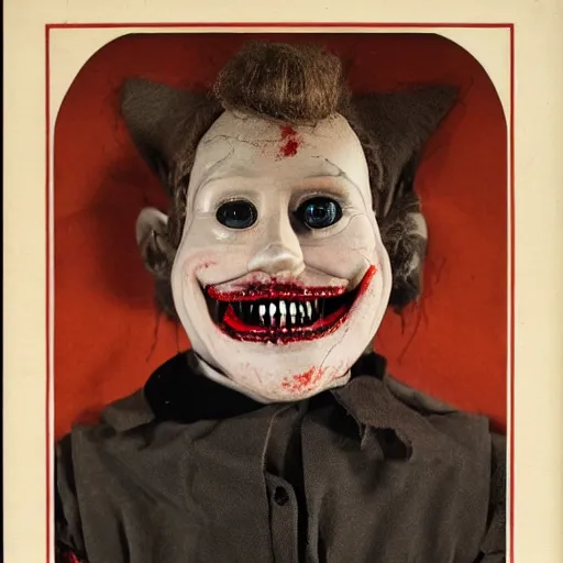 Prompt: high detailed portrait of a bloody ventriloqust dummy, scary, horrifying, creepy