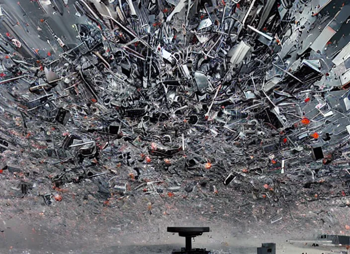 Prompt: thousands of robots falling into tornado fx arstation hyperrealistic art