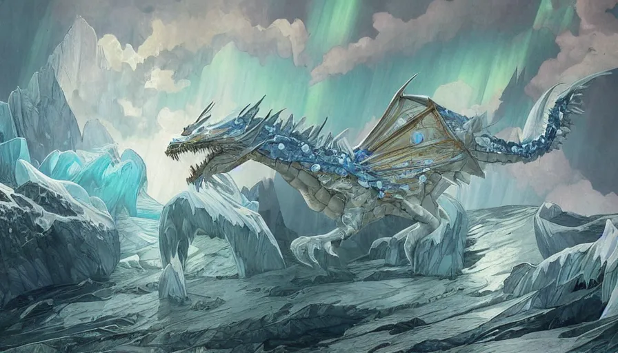 Prompt: epic ice dragon with trendy shapes with sharp teeth in a nordic landscape in the middle of the night, aurora and stars, D&D, Guildwars2, lake baikal like ice, painted by james jean, alphonse mucha, N.C.Wyeth, concept art 2022, ultra realistic