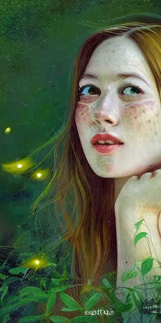 Image similar to young woman, smiling, amazed by golden fireflies lights, sitting in the midst of nature fully covered, long loose red hair, intricate linework, green eyes, small nose with freckles, oval shape face, realistic, expressive emotions, dramatic lights, spiritual scene, hyper realistic ultrafine art by cecco del caravaggio and albert bierstadt and artgerm