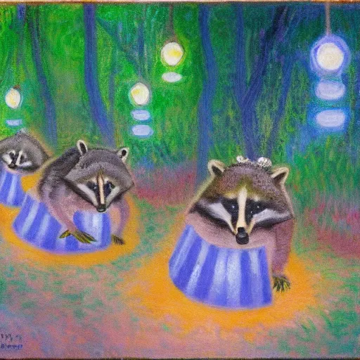 Prompt: painting of raccoon parade through a forest at night with colorful paper lanterns in the style of Claude Monet