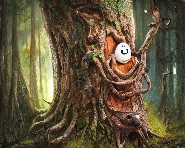 Image similar to a talking tree, a smiling face in the bark, nose made of wood, mouth in the bark, eyes in the bark, fantasy concept art, fantasy oil painting, hyperrealistic, magical, highly detailed, artstation, cgsociety, in the forest