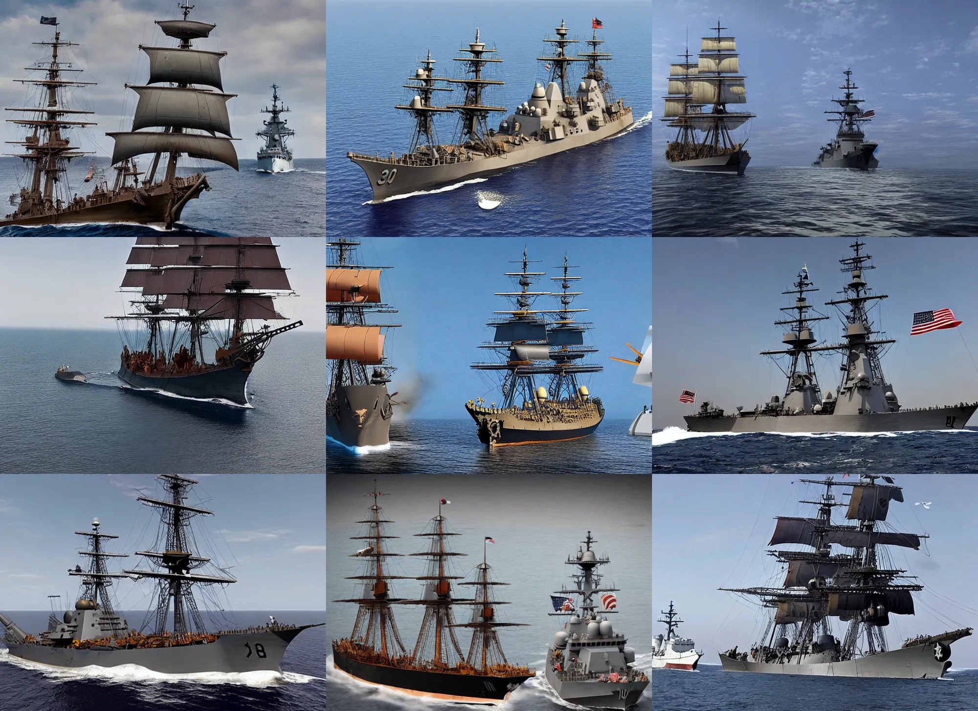 Prompt: a 1700s pirate ship sailing next to modern day US destroyer sailing side by side, hyper-realistic