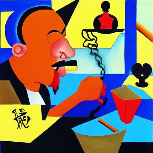 Image similar to surrealist painting, chinese man eating noodles, cubism