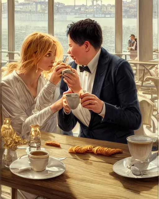 Prompt: Portrait of Michael Mcintyre & a blonde lady having coffee & croissants at waterfront in Porto,real life skin, intricate, elegant, highly detailed, artstation, concept art, smooth, sharp focus, art by artgerm and greg rutkowski and alphonse mucha