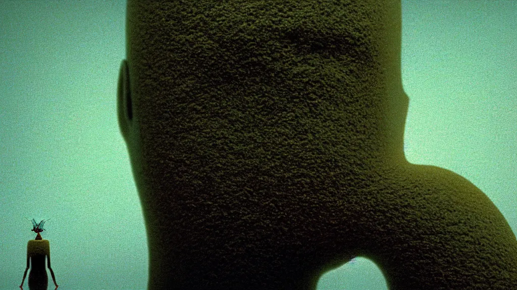 Image similar to the giant head of an ant in the living room, film still from the movie directed by Denis Villeneuve with art direction by Zdzisław Beksiński, wide lens