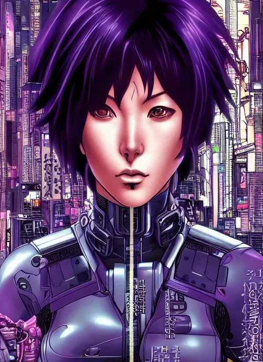 Image similar to motoko kusanagi in grungy cyberpunk megacity, intricate and finely detailed, cyberpunk vaporwave, portrait by j scott campbell, phil jimenez, ilya kuvshinov