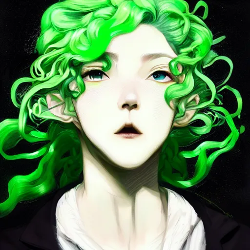 Prompt: tatsumaki with green curly hair and pretty green eyes wearing a jacket, trending on artstation, light and shadow effects, intricate, highly detailed, digital painting, art station, concept art, smooth, sharp focus, illustration, advanced digital anime art, atmospheric lighting, detailed face, by wlop ilya kuvshinov krenz cushart