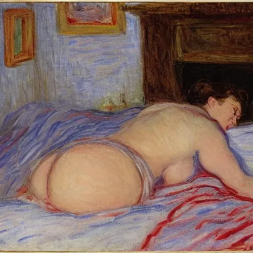 Prompt: two drunk lovers in their panties lying on a bed watching tv, monet,