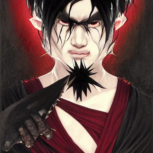 Image similar to demon martial artist, handsome japanese demon boy, young adult yokai with long spiky black hair, vampire, vantablack gi, simple clothes, red eyes, ultra realistic, intricate details, highly detailed, subsurface scattering, photorealistic, octane render, 8 k, art by artgerm, greg rutkowski, magali villeneuve, alphonse mucha