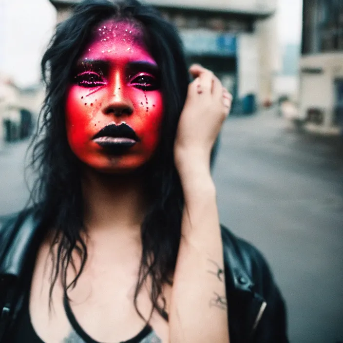 Image similar to Cinestill 50d candid photography of a city on fire, a techwear mixed woman wearing thick mascara and dark glitter makeup crying outside of a city on fire, tattoos, tilted frame, 4k, 8k, hd, full color, long shot, wide shot, full shot, blurry