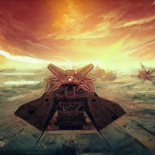Prompt: a triangle made of rusted metal sitting on worn cloth in a deserta. in anime style, dark color, ultra wide angle, panoramic, fish eye, colorfull painting, centered, front, horizont, outline, gundam, detailed, art by stephan martiniere, 4 k resolution