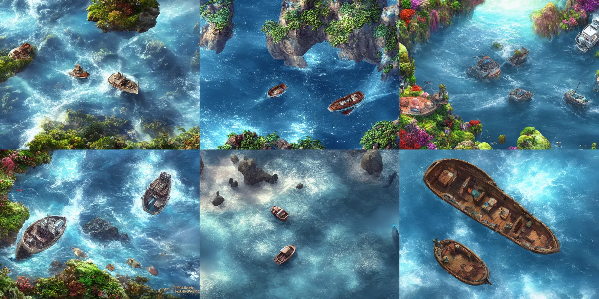 Prompt: above view photo depicting a small boat in an ocean, giant tardigrade in ocean, unreal engine, thomas kinkade