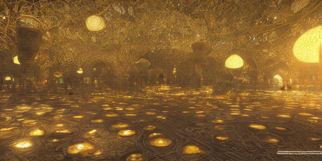 Image similar to Photorealistic mosque in giant glowing mushroom underworld, with great domes and arches, people and androids wearing traditional japanese clothing. Hyperdetailed photorealism, UHD, amazing depth, glowing rich colors, golden ration, 3D octane cycle unreal engine 5, 3d shading, cinematic lighting, artstation concept art