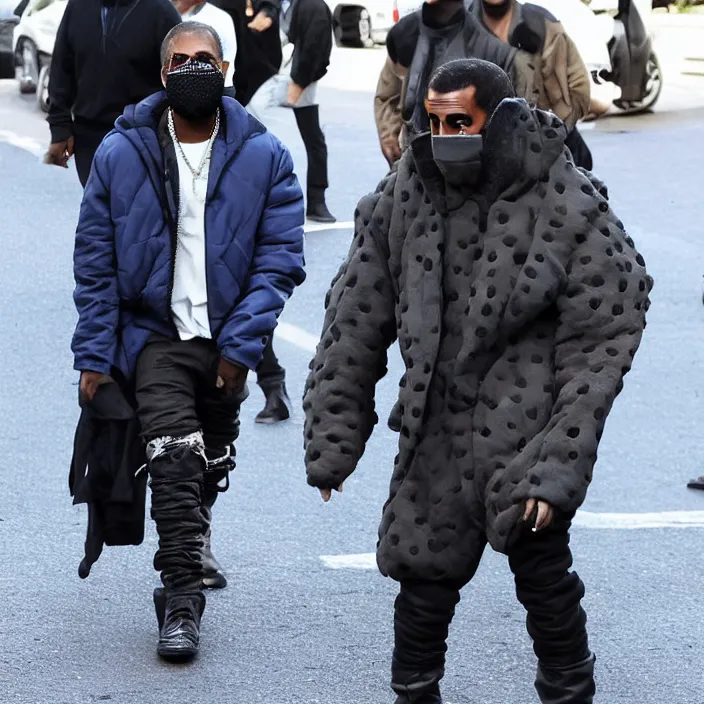 Image similar to paparazzi photo of kanye west using a black face - covering mask made of cloth with small holes, a blue puff undersized round jacket, a black shirt underneath and black rubber boots, paparazzi, detailed,