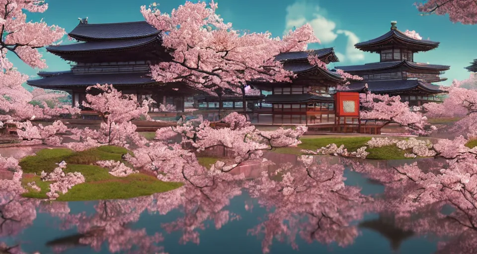 Prompt: Futuristic Japanese landscape with lots of Sakura blossoms and a temple, center composition, cinematic, rendered by simon stålenhag, rendered by Beeple, Makoto Shinkai, syd meade, environment concept, digital art, starwars, unreal engine, 3 point perspective, WLOP, trending on artstation, low level, 4K UHD image, octane render,