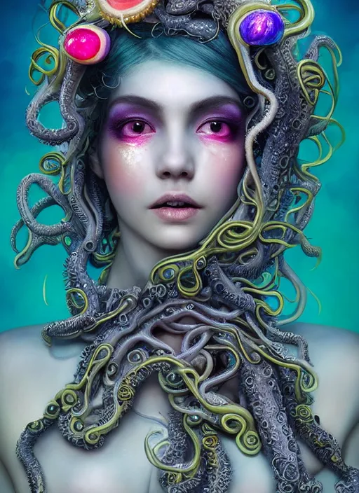 Image similar to A full body shot of a cute and mischievous monster girl made of tentacles wearing an ornate ball gown covered in opals. Fancy Dress. Subsurface Scattering. Translucent Skin. Rainbow palette. defined facial features, symmetrical facial features. Opalescent surface. beautiful lighting. By Giger and Ruan Jia and Artgerm and WLOP and William-Adolphe Bouguereau. Photo real. Hyper-real. Photorealism. Fantasy Illustration. Sailor Moon hair. Masterpiece. trending on artstation, featured on pixiv, award winning, cinematic composition, dramatic pose, sharp, details, Hyper-detailed, HD, HDR, 4K, 8K.