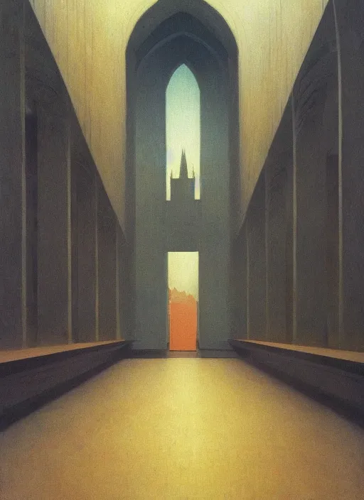 Image similar to crumbled paper bag cathedral Edward Hopper and James Gilleard, Zdzislaw Beksinski, highly detailed