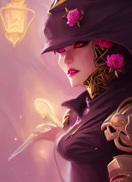 Image similar to beautiful and cool female dark magician, wide angle view, flowers, skulls, black, white, pink, gold colors, shiny, highly detailed, artgerm, cushart krenz, artstation, soft light, sharp focus, illustration, character design, concept art