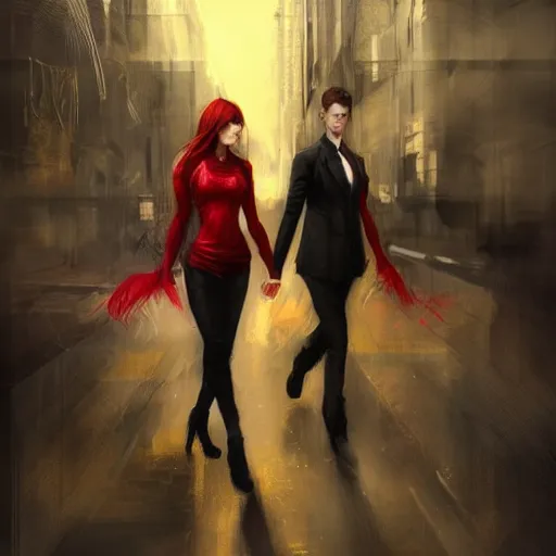 Image similar to adult pair of twins, male and female, arrogant, urban fantasy, half portrait, urban background, highly detailed, digital painting, artstation, concept art, sharp focus, smooth, art by livia prima and magali villeneuve, elegant red black and gold clothing