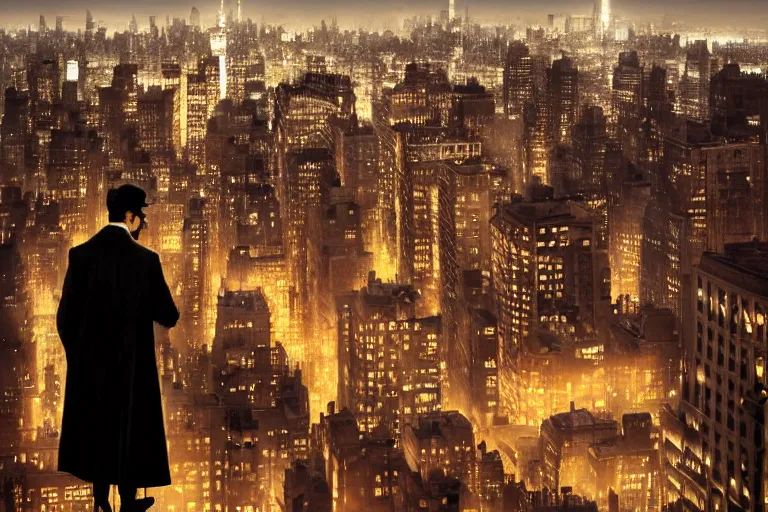 Prompt: stunningly mysterious, detective wearing a trench coat in profile smoking a glowing tobacco pipe on a perch facing the city at night, smooth, focus, highly detailed, hyper realistic, dramatic lighting, intricate, concept art, new york skyline, looking down, art by wlop, greg rutowski, artstation