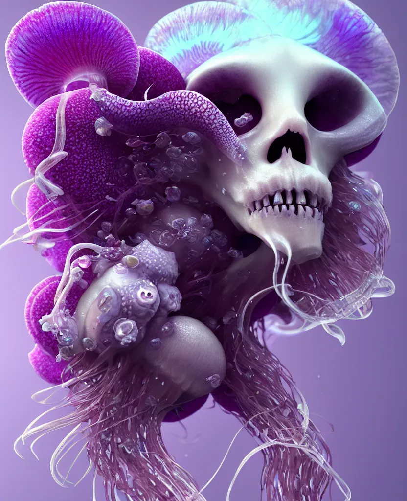 Image similar to goddess princess beautiful face close-up portrait ram skull fluffy toy. jellyfish phoenix head, nautilus, orchid, skull, betta fish, bioluminiscent creatures, intricate artwork by Tooth Wu and wlop and beeple. octane render, trending on artstation, greg rutkowski very coherent symmetrical artwork. cinematic, hyper realism, high detail, octane render, 8k