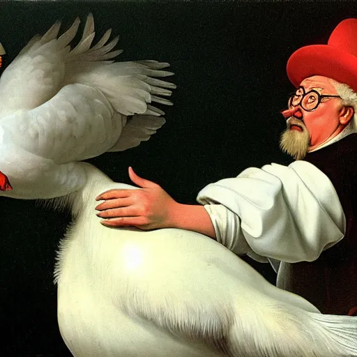 Image similar to Angry Colonel Sanders petting a plump chicken. Painted by Caravaggio, high detail