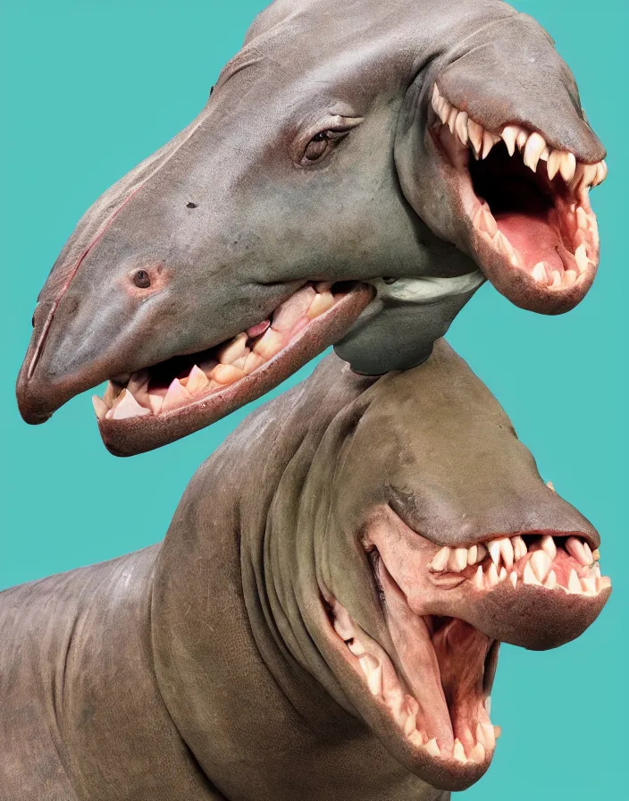 Image similar to closeup portrait of muscular animal human merged head dolphin, merged with monkey head, hippo face morphed, horse head animal merge, morphing dog head, merging crocodile head, anthropomorphic, creature, solid background