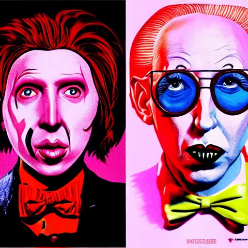Image similar to graphic illustration, creative design, willy wonka with marilyn manson, biopunk, francis bacon, highly detailed, hunter s thompson, concept art