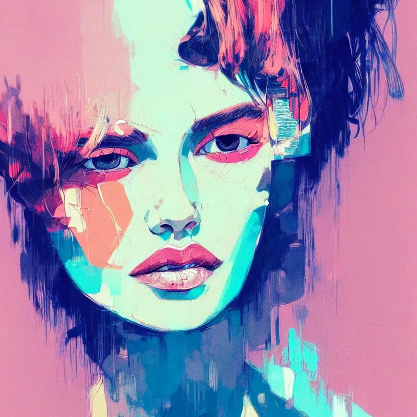 Image similar to close up portrait painting of a female in nineties street styling, concept art, intricate details, aesthetically pleasing pastel colors, art by conrad roset, impressionism, portrait