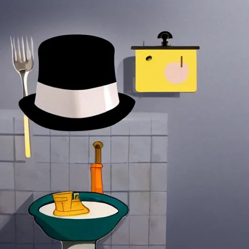 Prompt: a toilet filled with kitchen utensils wearing a tophat, on an island, view from front