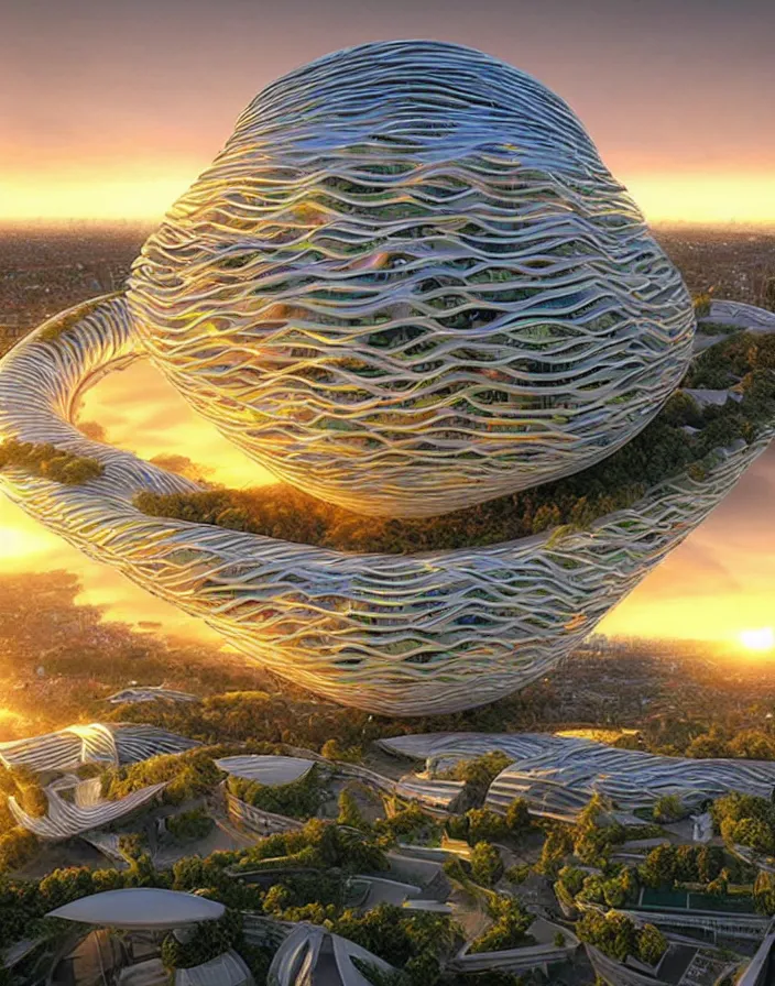 Prompt: vincent callebaut architectures, hyper realistic stunning volumetric lighting sunset