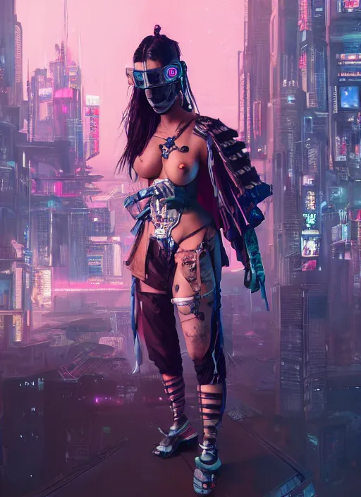 Image similar to excellent quality full body painting of a cyberpunk samurai with a cyberpunk city night background, 4k, trending on artstation, octane render, art by artgerm and greg rutkowski and alphonse mucha and craig mullins and James Jean and Andrei Riabovitchev and Marc Simonetti and peter mohrbacher